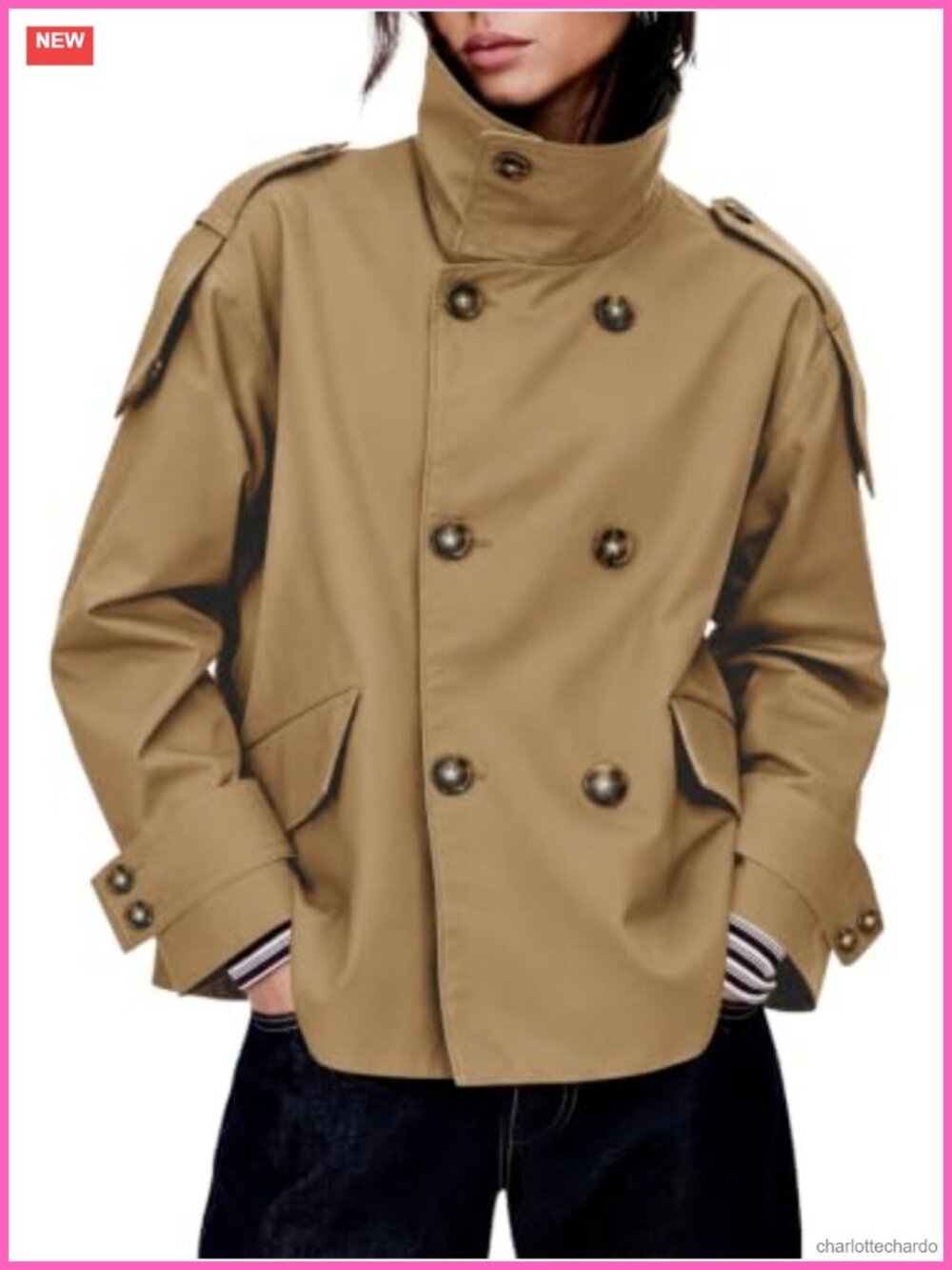 Oversized Double Breasted Cropped Trench Coat Casual Jacket